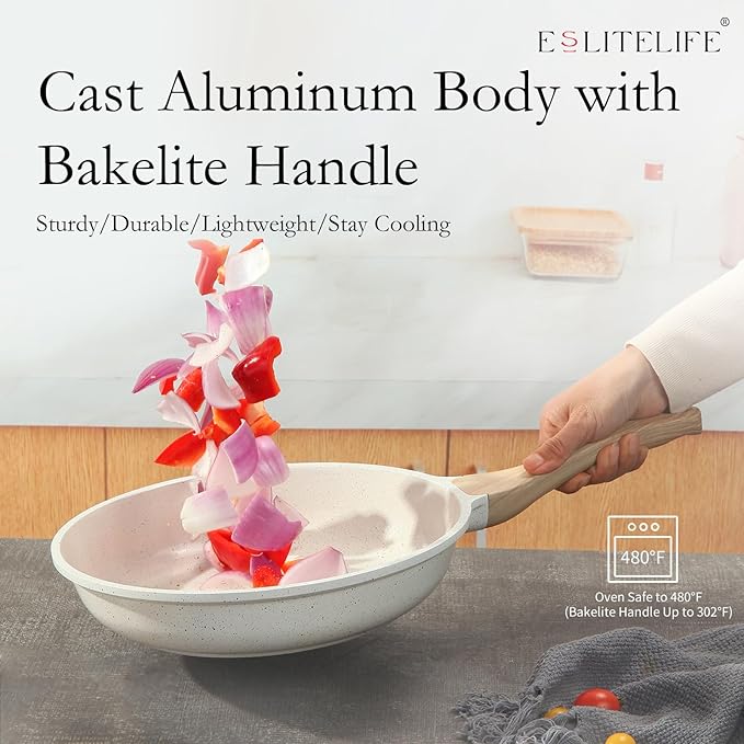 ESLITE LIFE Nonstick Ceramic Frying Pan Skillet, Non-Toxic Egg Omelette Kitchen Cooking Pans Compatible with All Stovetops (Gas, Electric & Induction), PTFE & PFOA Free (White, 11'')