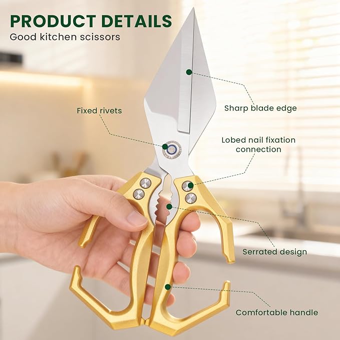 Heavy Duty Kitchen Scissors All purpose, poultry shears for food Cutting Meat, Chicken, Bones, Seafood, Herbs, Nuts, Packages, Culinary scissors with Ergonomic Handle gold