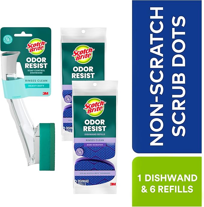 Scotch-Brite Advanced Soap Control Heavy Duty Dishwand Full Kit with 6 Heavy Duty Scrub Dots Refills, Leak-Free Soap Dispensing, Non-Slip Handle, Tough Scrubbing for Kitchen Dishes, Pots & Pans
