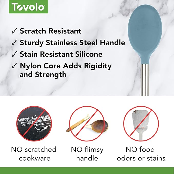 Tovolo Silicone Mixing Spoon with Stainless Steel Handle Blue Slate, Dishwasher Safe Heat Resistant Scratch Resistant Silicone Stirring Cooking Spoon for Nonstick Cookware Kitchen Utensils