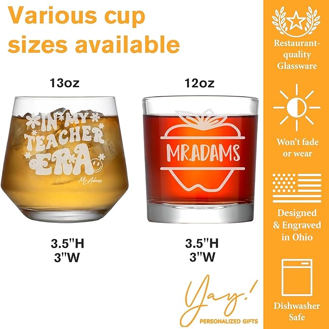Personalized Teacher Gifts, Custom Whiskey Glass for Men, Teachers Appreciation Gift, Engraved Funny Gift for Preschool Elementary High School Teacher Professor