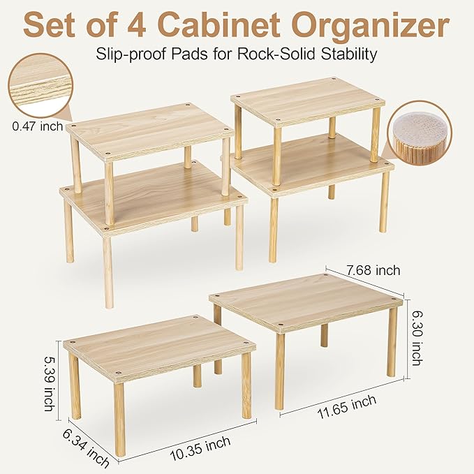 Wood Cabinet Organizer Shelf, Set of 4 Kitchen Counter Shelves, Stackable Spice Organization for Cabinet, Pantry Cupboard Dish Mug Cup Storage Shelf