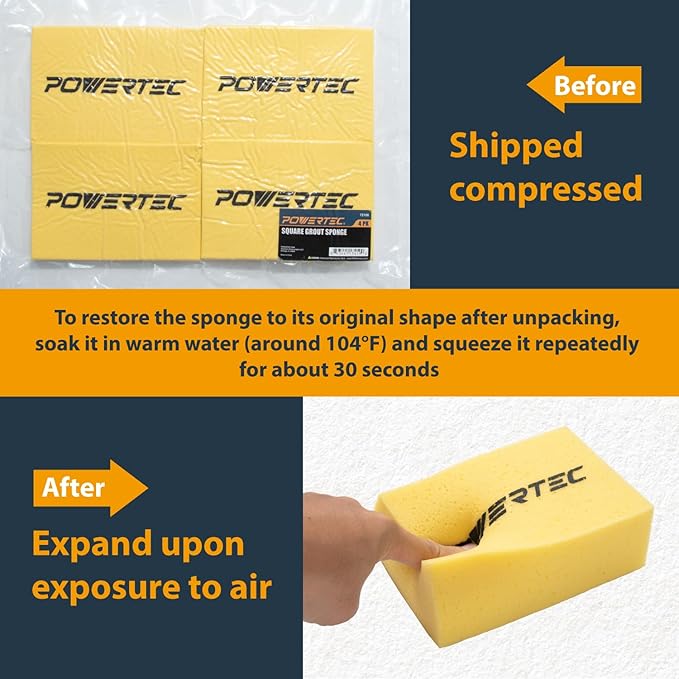 POWERTEC Large Square Grout Sponge – Professional Tile Grout Removal Cleaning Sponge – Heavy-Duty Absorbent Sponges, Multi-Purpose Cleaning Tool for Floors, Kitchen, and Bathroom – 8PK (72106-P2)
