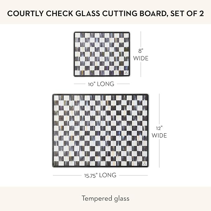 MACKENZIE-CHILDS Tempered Glass Cutting Board, Large Countertop Cutting Board, Black-and-White Courtly Check, Set of 2