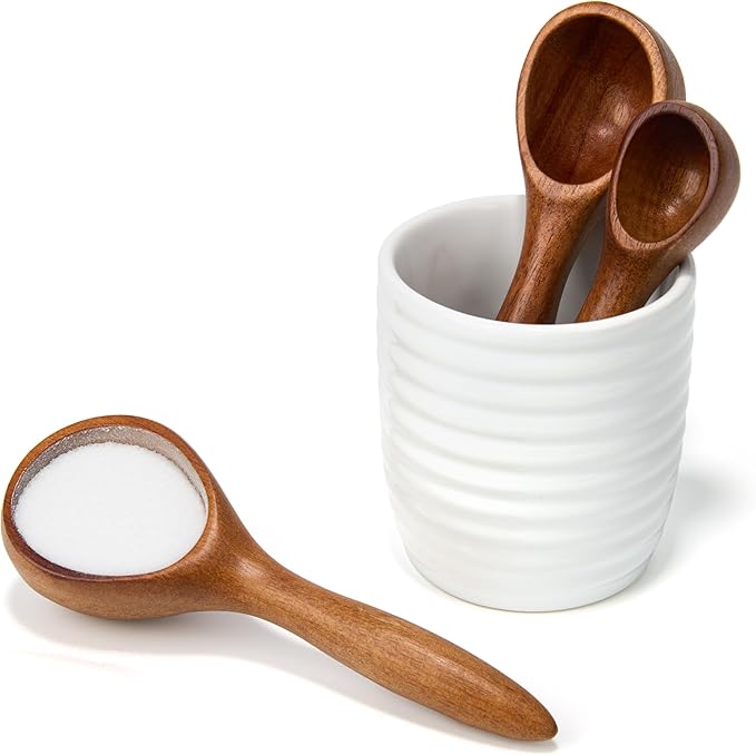Nambe x Tom Papa Breaking Bread Canister with Utensils - Stoneware Storage Jar with Acacia Wood Measuring Spoons (2, 1, 1/2 tbsp) - Cutlery Container for Baking Ingredients, Baking, Kitchen Decor
