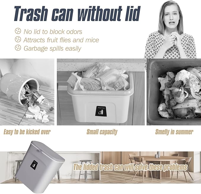 Domiella 2.4 Gallon Hanging Trash Can with Lid, Kitchen Compost Bin for Countertop or Under Sink, Mountable Food Waste Bin with Sealed Lid for Cabinet, Cupboard, Bathroom, or RV (Gray)