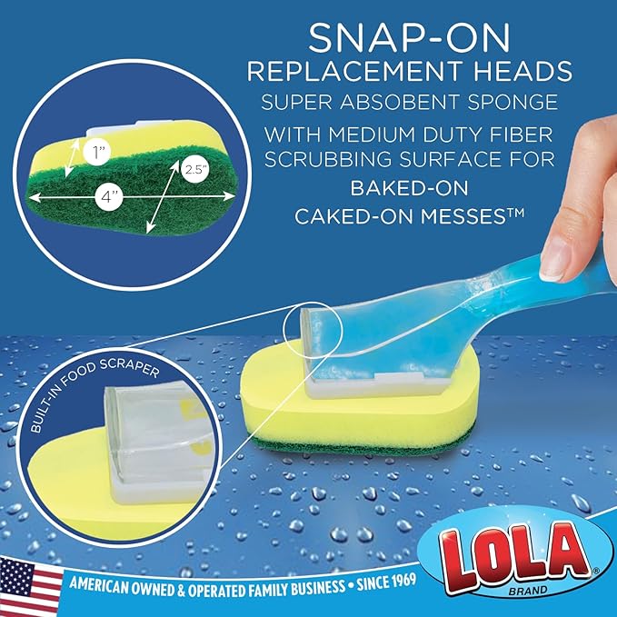 LOLA Soap Dispenser Dish Brush Wand, Absorbent Sponge Scrubber, No Leaking. Clean Dishes, Sinks and Cookware, 1 Brush w/Head