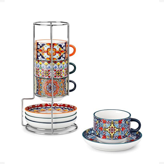 vancasso 2.5 Oz Stackable Espresso Cups with Saucers and Metal Stand Set of 4,Bohemian Ceramic Cappuccino Cups - Microwave and Dishwasher Safe, Perfect For Tea, Espresso, Latte, Cafe-01