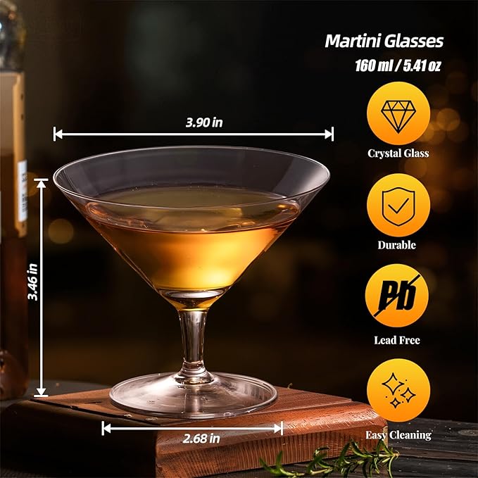 KAMMAK Martini Glasses Set of 2, 5.41 oz Clear Crystal Cocktail Glasses with Stem, Reusable Cocktail Glassware for Wedding Birthday Party, Bar, Margarita, Whiskey, Gin, Tequila, DS05