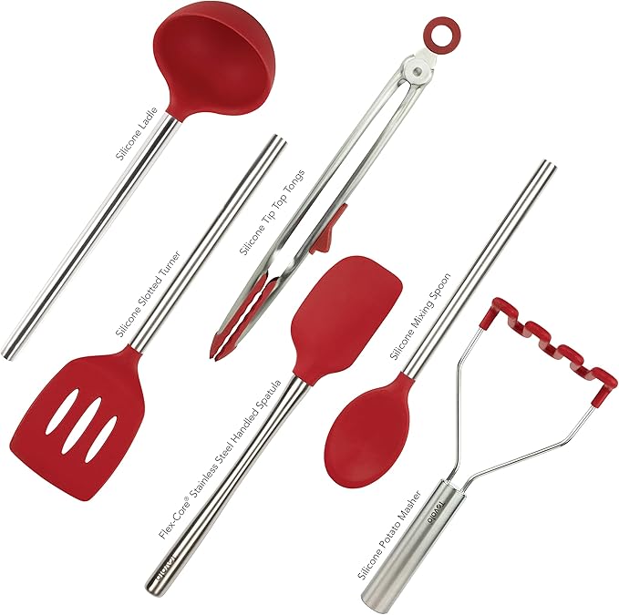 Tovolo Silicone Cooking Utensil Set of 6 Cayenne Red Ladle Slotted Turner Tongs Flex Core Spatula Scraper Mixing Spoon and Potato Masher, Dishwasher Safe Non Toxic BPA Free Silicone Kitchen Utensils