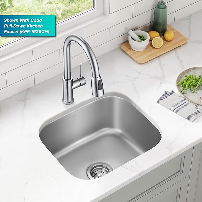 Kraus 19 3/4 Inch Stainless Steel Kitchen Sink, Durable 18 Gauge Single Bowl Kitchen Sinks Undermount, KBU11