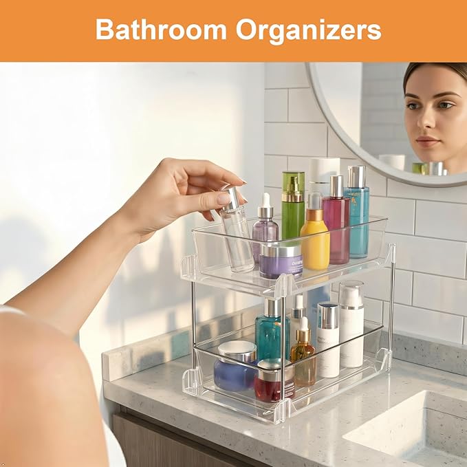 2 Pack Clear Under Sink Organizers, Pull Out Cabinet Organizer,2 Tier Bathroom Storage Organizer,Cabinet Drawers Organization Bins with Track for Kitchen,Pantry,Fridge,Vanity