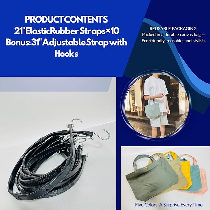 Elastic Rubber Tie-Down Straps Set – 10 Pack 21" Bungee Cords + 1 Adjustable 31" Strap with S-Hooks – Heavy-Duty, Cut-to-Length, Bloom-Resistant, Reusable for Car, Garage, Camping,pfrubber