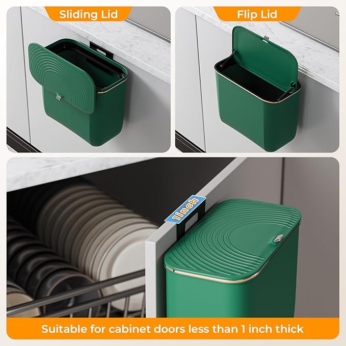 1.9 Gallon Hanging Trash Can - Small Under Sink Trash Can with Lid, Wall Mounted Compost Bin for Kitchen Cupboard Countertop, Odor-Control, Extended Clamping Ring, PET Material, Green