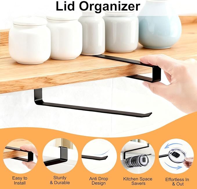 Tumbler Lid Organizer for Cabinet, Kezvulp No-Drill Holder Holds 10 Lids with Space Saving and Anti-Drop Design, the Must-Have Rustproof Rack for Kitchen Organization and Storage (Black)