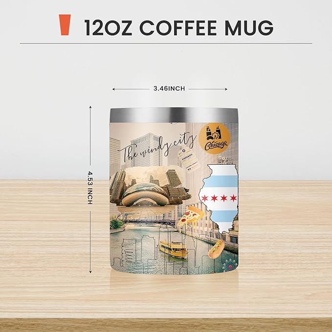 12oz Coffee Mug Chicago City Insulated Coffee Cups, United States Map Travel Mug Landmark, Birthday Gifts Cute Mugs with Lid and Straw Gifts for Mom