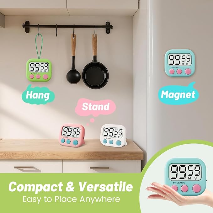 12 Pcs Digital Timer for Kids, Magnetic Countdown Kitchen Timer, Upgrade Loud Alarm Timers for Cooking, Kitchen, Exercise, Work, Study, Classroom, Outdoor Activities, Battery not Including