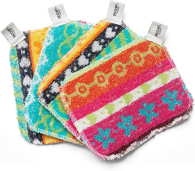 Skoy Scrub, 4-Pack Reusable, Non-Scratching Dish Scrubber for Kitchen and Household Cleaning, Planet-Friendly, Dishwasher Safe Soft Scrub, Assorted Colors and Designs