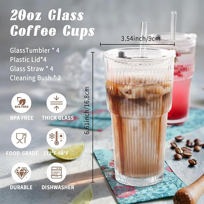 20oz Glass Cups with Lids and Straws, Premium Thick Ribbed Drinking Glass Tumbler Set for Iced Coffee, Smoothies, Cocktails, Beer and Juice, Clear, 4 Pack