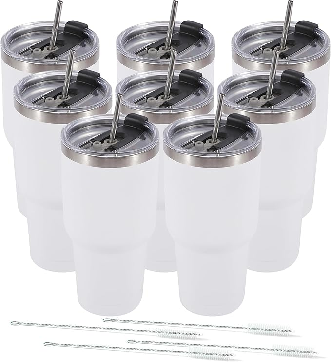Dongni 30 oz Tumbler with Lid and Straw, Stainless Steel Tumblers Bulk, Insulated Vacuum Double Wall Travel Coffee Mug, Durable Powder Coated Tumbler Cups（White 8 pack）