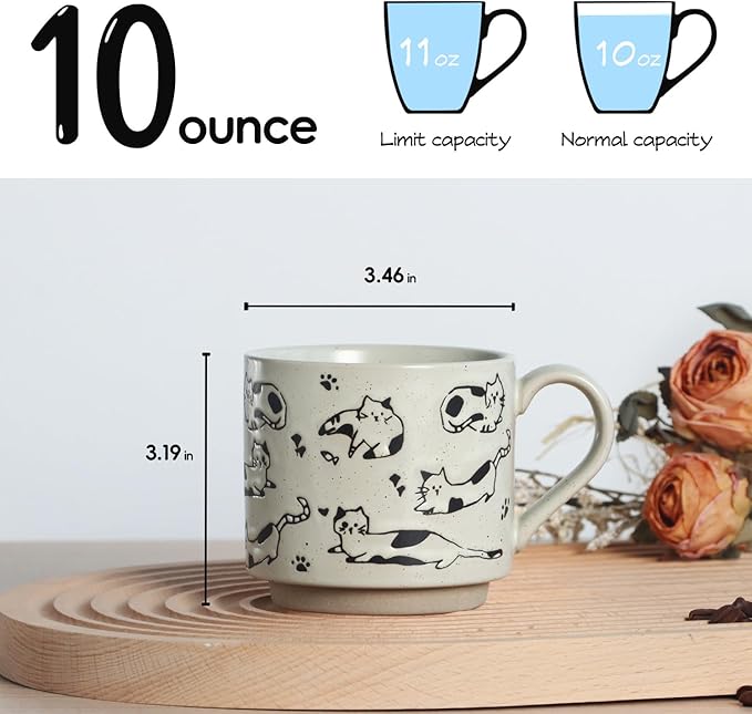Stackable Coffee Mugs Set of 4, Aesthetic Cute 10 OZ Small Ceramic Espresso Cups Vintage Stoneware Tea Cup for Cappuccino Latte, Cat