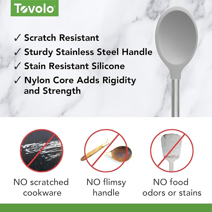 Tovolo Mixing Spoon Stainless Steel Handle Scratch Resistant Non Stick Safe Kitchen Utensil for Cooking Baking Serving Stirring, Heat Resistant Silicone Stirring Spoon with Metal Handle Oyster Gray