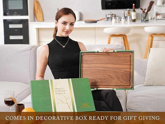 AZRHOM Walnut Wood Cutting Board, 17x11in Large Wooden Chopping Boards with Deep Juice Groove and Side Handle, Thick Butcher Block for Kitchen Meat Cheese Gift for Wife Mom (Gift Box)