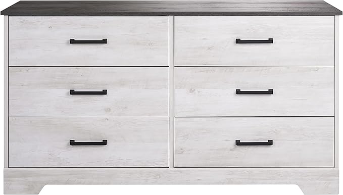 Prepac Rustic Ridge Farmhouse 6-Drawer Double Dresser, Washed White Dresser for Bedroom, Chest of Drawers with 6 Storage Drawers, 53.25” wide x 18.25” deep x 28.5” tall, Washed White
