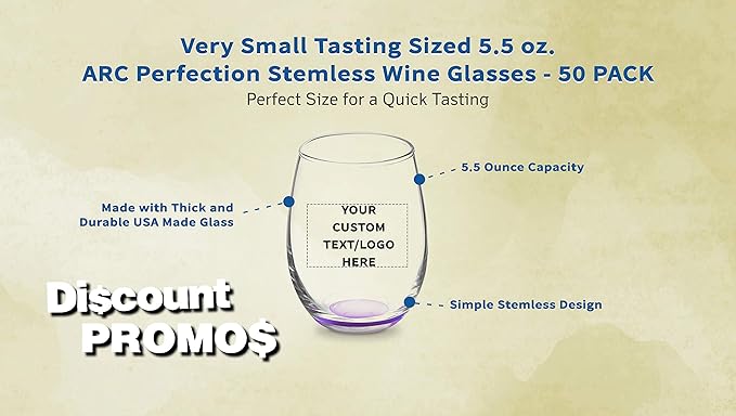 Custom Stemless Wine Glasses by ARC 5.5 oz. Set of 50, Personalized Bulk Pack - Perfect for Hotel, Bar, Restaurant or Lounge - Purple