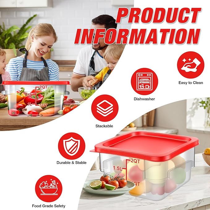Airtight Square Food Storage Containers with Lids 4-Pack, Lock-Tight Seal for Flour, Sugar, Cereal, Keep Food Fresh, BPA-Free Stackable Kitchen Canisters with Measurements (Red, 2QT-4PACK)