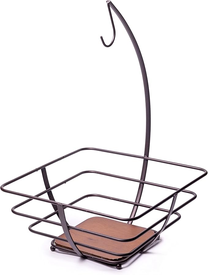 Francois et Mimi Large-Sized Fruit Bowl Tree Basket with Banana Hanger, Wood Base (Bronze)