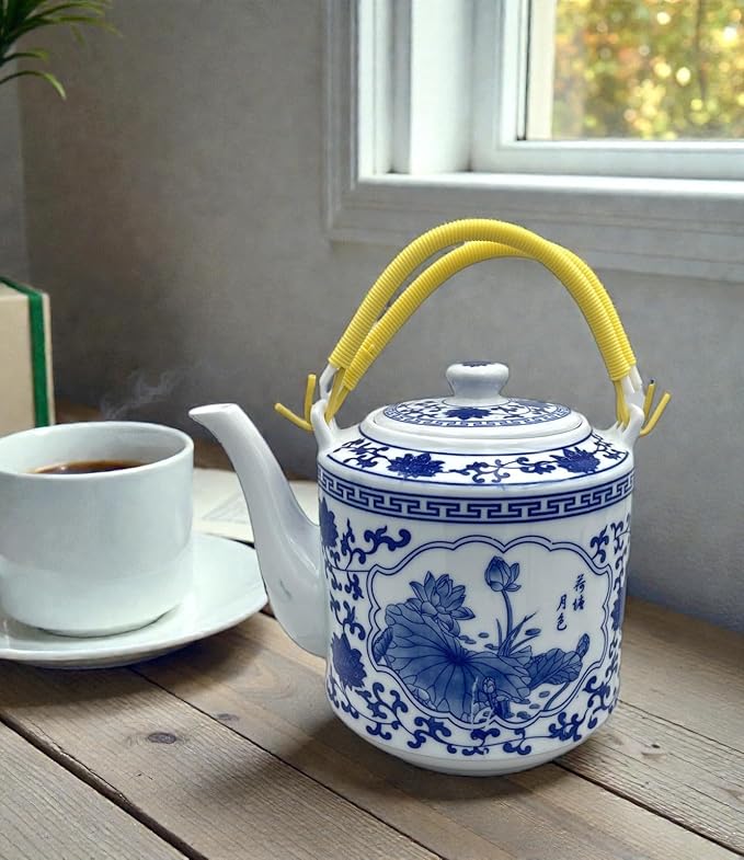 Large Teapot Blue and White Tea Pot Porcelain 66 OZ Floral (lotus)