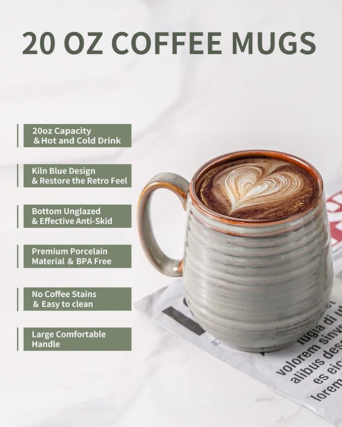 HASENSE 20 Oz Coffee Mugs Set of 2, Porcealin Large Coffee Cups for Office and Home, Modern Coffee Mug with Big Handle for Latte Coffee Tea Soup as Friend Gifts, Dishwasher and Microwave Safe (Grey)