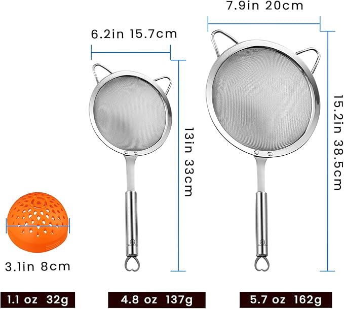 Stainless Steel Fine Mesh Strainer Set – 1 Large Flour Sifter with Sturdy Handle + 1 Small Mesh Sieve for Pasta & Rice + 1 Silicone Can Strainer – Stable, Durable, Dishwasher Safe, 5-Year Warranty