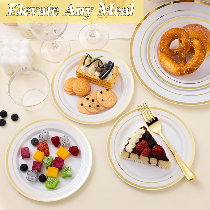BESTSTAR 100PCS White Plastic Plates Set with Gold Rim, 50 10.25 inch Heavy Duty Dinner Plate and 50 7.5 inch Dessert Appetizer Plates, Premium Disposable Plates for Party, Wedding, Birthday