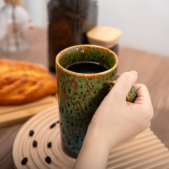 20oz Porcelain Coffee Mugs Set of 2, Large Tall Coffee Mugs with Handles, Modern Ceramic Coffee Cups for Coffee, Tea, Cocoa, Milk, Gifts for Women Men - Green & Blue
