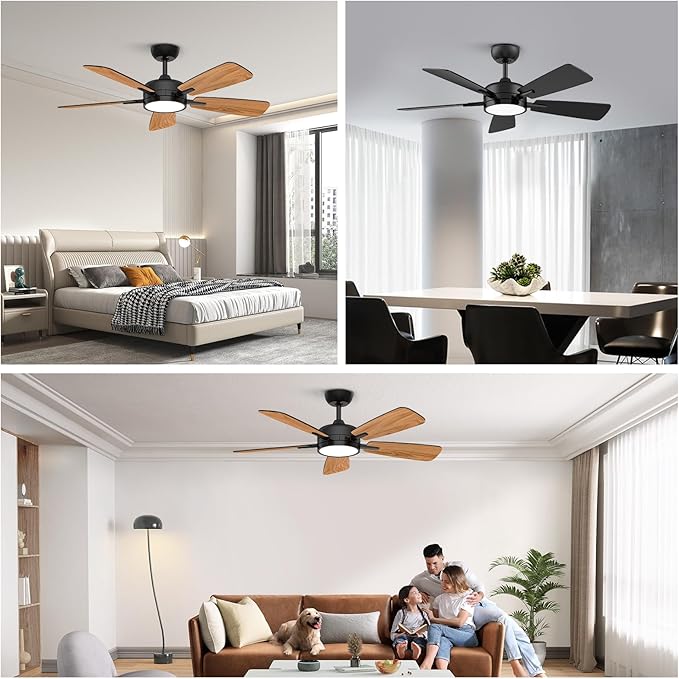 Roomratv Ceiling Fans with Lights,46 Inch,Remote Control,Night Light,Dimmable,Reversible,Noiseless,6 Speeds,Timer,Black Modern Ceiling Fan for Living Room,Bedroom,Kitchens,Kis room,Outdoor Patio