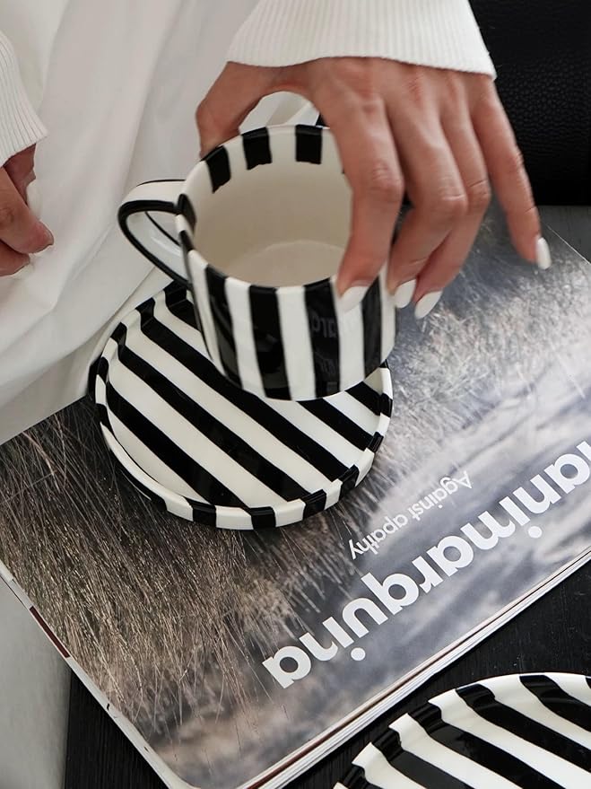 8Oz Stylish Handmade Vertical Striped Coffee Mug Espresso Cups With Saucer, Hand painted Esthetical Ceramic Cappuccino Mugs, Glazed Tea/Coffee Cup, Microwave safe Latte art mug (Black)