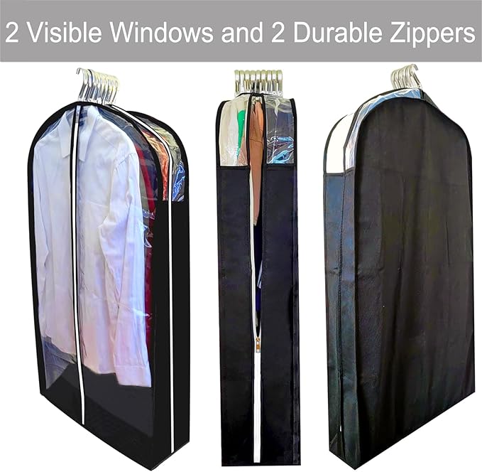 Suit Bags for Closet Storage with 6.3" Gusset, 40" Garment Bags for Hanging Clothes, Clear Side Zipper Suits Dust Proof Covers for Jacket, Coat, Sweater, Shirts, 5 Packs