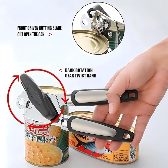 Safe Cut Can Opener with Wine Corkscrew 1 set of - Ergonomic Manual Can Opener, Food Grade Stainless Steel, Smooth Edge Cutting for Kitchen & Restaurant