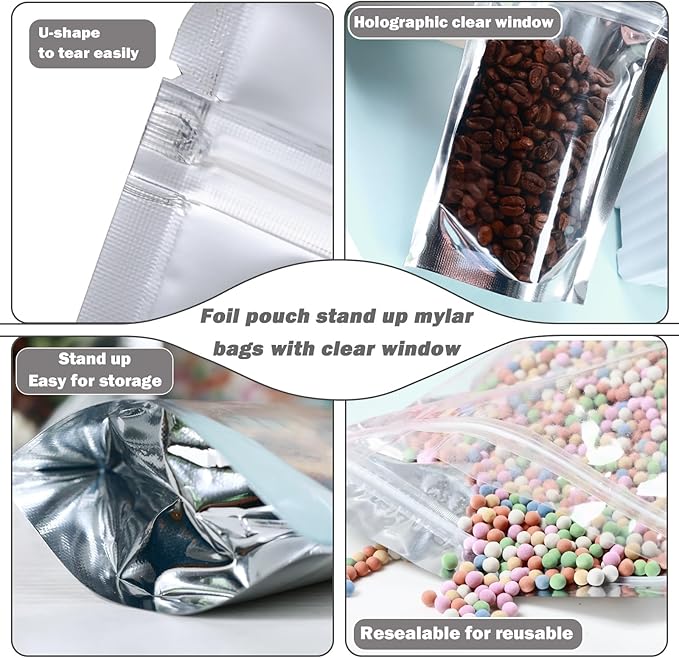 150-pack 5.9” x 8.7” Stand Up Mylar Bags with Clear Window Resealable Silver Aluminum Foil Pouches for Food Storage Smell Proof Edible Packaging Bag for Jewelry and Small Business, Bulk