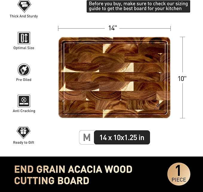 End Grain Cutting Board for Kitchen with Non-slip Feet, Acacia Wood Heavy Duty Checkered Cutting Board Handcrafted Luxury Chopping Board for Cooking and Serving Wooden Butcher Block Non Toxic