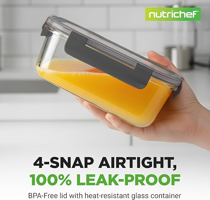 NutriChef Superior Glass Food Storage Containers - 24-Piece Stackable Glass Meal-prep Containers w/Newly Innovated Hinged BPA-Free 100% Leakproof Locking Lids - Freezer-to-Oven-Safe NCGLGY (Gray)