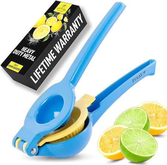 Zulay Kitchen Metal 2-in-1 Lemon Squeezer - Sturdy Max Extraction Hand Juicer Lemon Squeezer Gets Every Last Drop - Easy to Clean Manual Citrus Juicer - Easy-Use Lemon Juicer Squeezer - Blue/Yellow