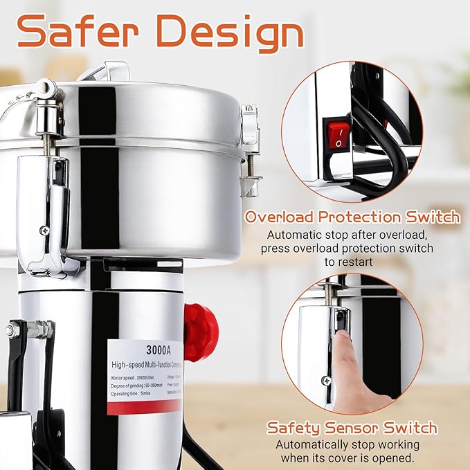 Electric Grain Mill Grinder 3000g Stainless Steel Pulverizer 36000r/min High-speed Grain Mill 4000W Dry Material Grinding Machine 270° swingable Superfine powder for Home and Commercial
