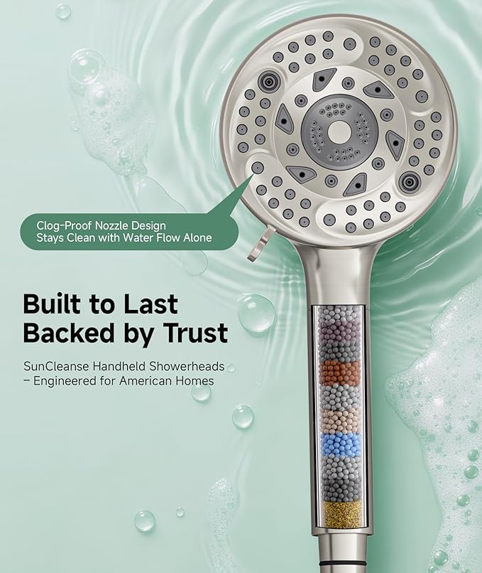 SunCleanse Filtered Shower Head with Handheld,9-Spray Setting Detachable Shower Head with 4 Filters for Hard Water - Filter Chlorine, Improve Skin and Hair Texture (4 Filters, Brushed Nickel)