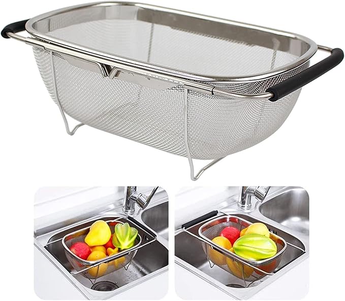 Over The Sink Colander, 4 Quarts Stainless Steel Oval Colander with Expandable Rubber Grip Handle, Fine Mesh Strainer Baskets Kitchen Colanders for Strain, Drain, Rinse Vegetable, Fruits, Black