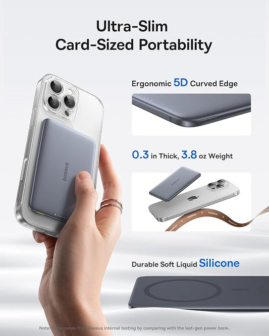 Baseus Picogo Power Bank, 0.3" Ultra Slim 5000mAh MagSafe Portable Charger, Card-Size Magnetic Battery Pack with USB-C Braided Cable, Alloy Wireless Charger for iPhone 17 Pro Max/17 Air/16/15/14/13/12