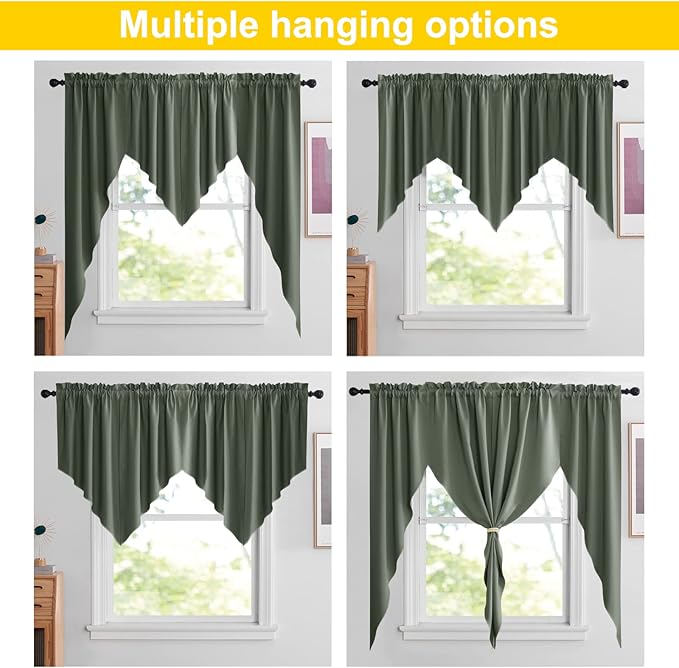 NICETOWN Swag Waterfall Curtains for Bedroom, Farmhouse Rod Pocket Window Curtains for Living Room, Room Darkening Country Curtains for Bathroom (Dark Mallard, 1 Pair, 36" x 63" x 18" per Panel)