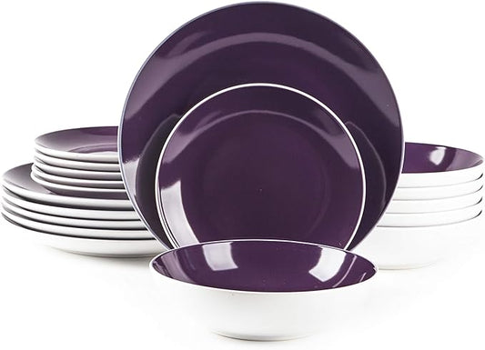 Stoneware Coupe Shape 18pc Dinnerware Set, Outside White + Inside Violet
